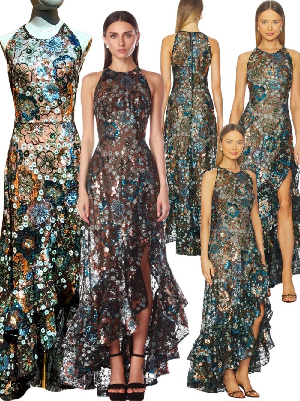 🆕 BRONX & BANCO🧿 NWOT Sicilia Blue Sequin Fluted Hem Maxi Dress Sz XS US 2